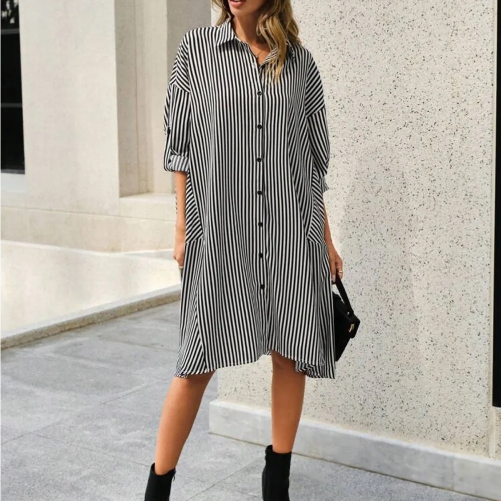 Oversized Loose Fit Striped Batwing Sleeve Asymmetrical Hem Button Shirt Dress - Picture 5 of 6